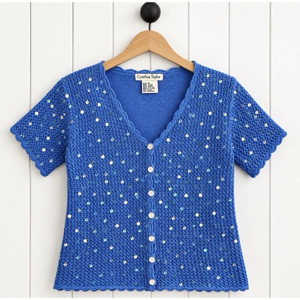 Cynthia Taylor Blue Sequin Ramie Cotton V-Neck Cardigan Sweater Medium